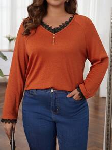 EMERY ROSE 大碼拼接水溶蕾絲邊緣T恤 - 亮橙色 - 查看 3