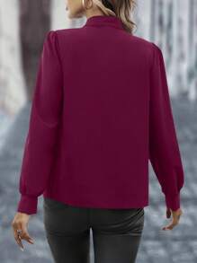 SHEIN Clasi 素色小高領拼接細節泡泡袖襯衫 - 酒紅色 - 查看 2