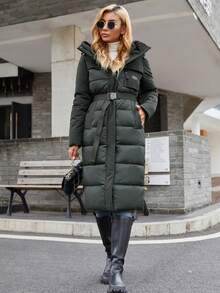 GASMAN Women's Mid-Length Hooded Down Jacket, Long Sleeve, Drawstring, With Zipper And Pockets, Warm Outerwear