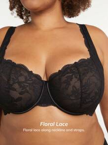LUVLETTE Plus Lingerie 低胸无衬蕾丝文胸 - 黑色 - 查看 5
