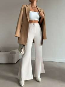 EURMUSE Women's Fashionable Versatile Commuting Solid Color High-Waisted Flare Suit Pants - Beige - View 4