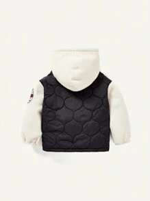 Bebé niño 1 pieza Abrigo guateado chaleco con parche de letra con bolsillo con solapa cremallera con capucha - Negro - Ver 2