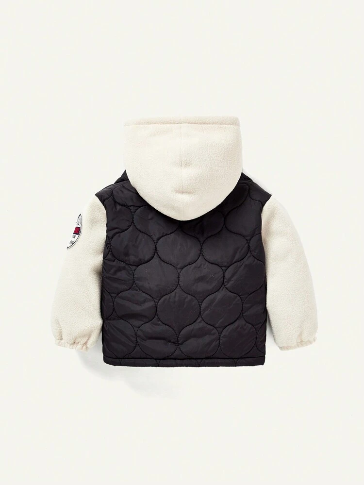 Baby Boy 1pc Letter Patched Flap Pocket Zipper Hooded Vest Quilted Coat