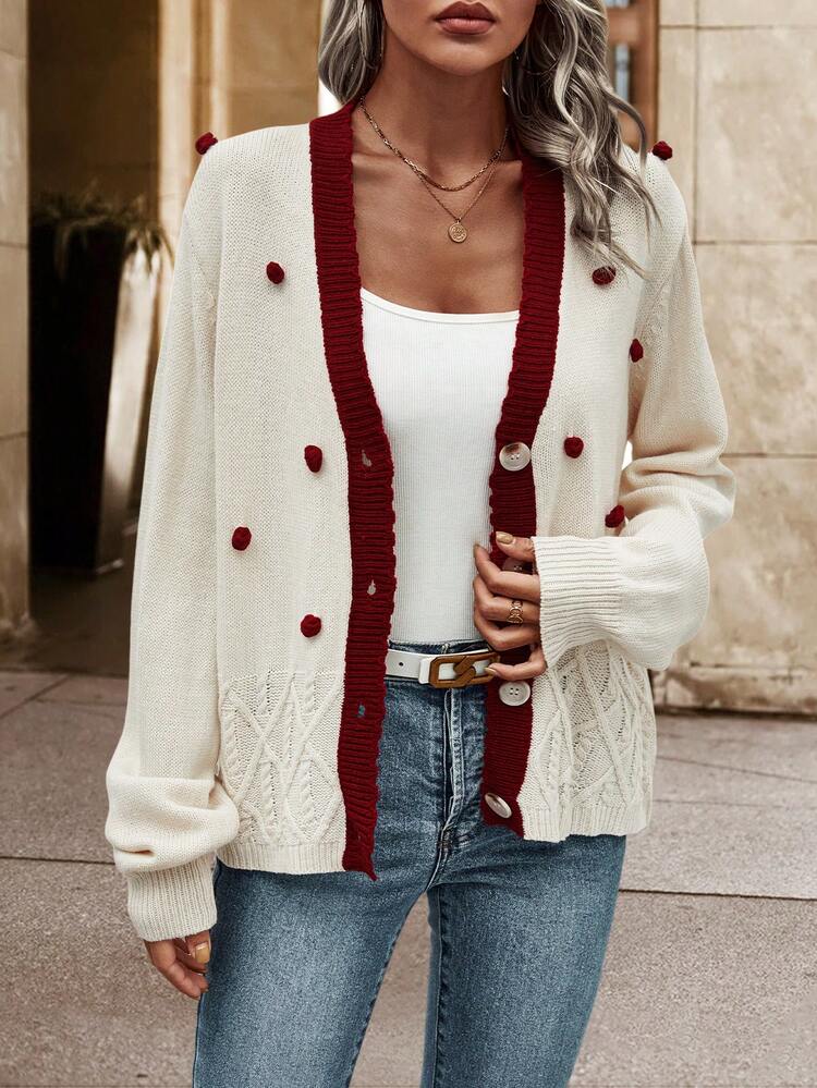 Contrast Trim Pom Pom Detail Button Front Cardigan Fall Cloth For Women