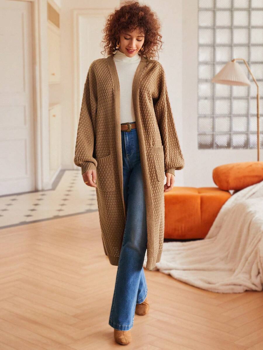 SHEIN Frenchy Women's Lantern Sleeve Cardigan - Khaki - View 1