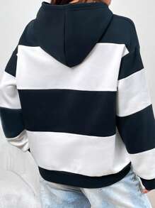 INAWLY 字母圖案撞色落肩袖連帽衫 - 藍白色 - 查看 2