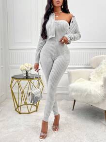 SHEIN Slayr Solid Ribbed Knit Jacket & Tube Jumpsuit - Light Grey - View 6