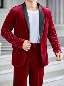 SHEIN 男士拼接面青果領絲絨西裝外套和褲子 - 酒紅色 - 查看 5