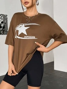 SHEIN Unity Star & Letter Graphic Drop Shoulder Tee - Brown - View 4