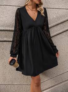 SHEIN LUNE Vestido con encaje en contraste de manga con volante