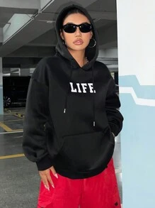 SHEIN EZwear 標語和人物圖案落肩袖連帽衫 - 黑色 - 查看 6