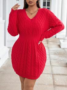 Calvaya Plus Cable Knit V Neck Sweater Dress Without Belt - Red - View 3