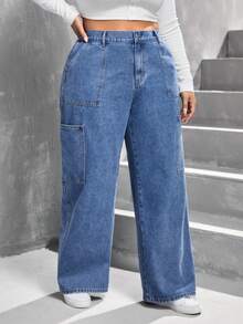 SHEIN Privé Hơn Túi vá quần ống rộng Quần jean - Rửa nhẹ - Xem 3