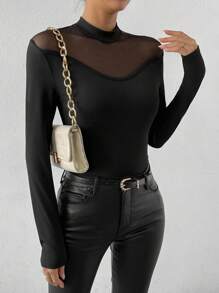 Allurite 網紗拼接小高領T恤 - 黑色 - 查看 5