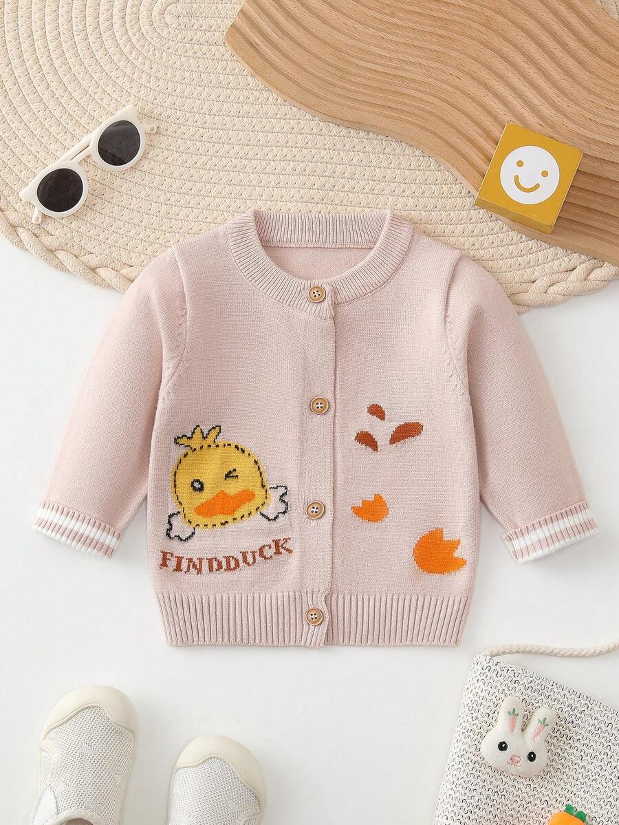 Baby Girl Cartoon & Letter Pattern Striped Trim Cardigan - Apricot - View 1