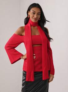 MAY‘G Designer Solid Off Shoulder Cut Out Sweater With Scarf, Fall, For Autumn & Winter, Holiday, Vacation - Red - View 3