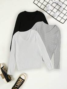 Flirla 3件套加大码V领麻花针织套头衫秋冬毛衣 - 黑色 - 查看 1