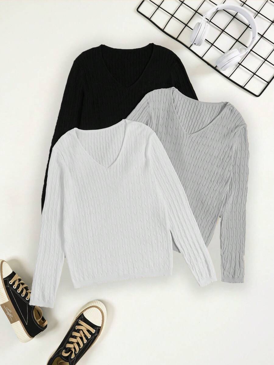 Flirla 3件套加大码V领麻花针织套头衫秋冬毛衣 - 黑色 - 查看 1