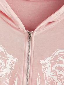 SHEIN EZwear 大码蝴蝶印花拉链落肩卫衣 - 粉色 - 查看 3