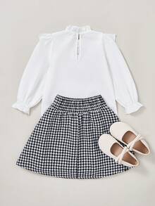 Nhỏ bé Cô gái Ruffle Đường viền cổ áo Với To lớn Bowknot Áo Và Họa tiết Nanh sói Lỏng lẻo phù hợp Váy Bộ - Màu Hồng Tươi - Xem 2