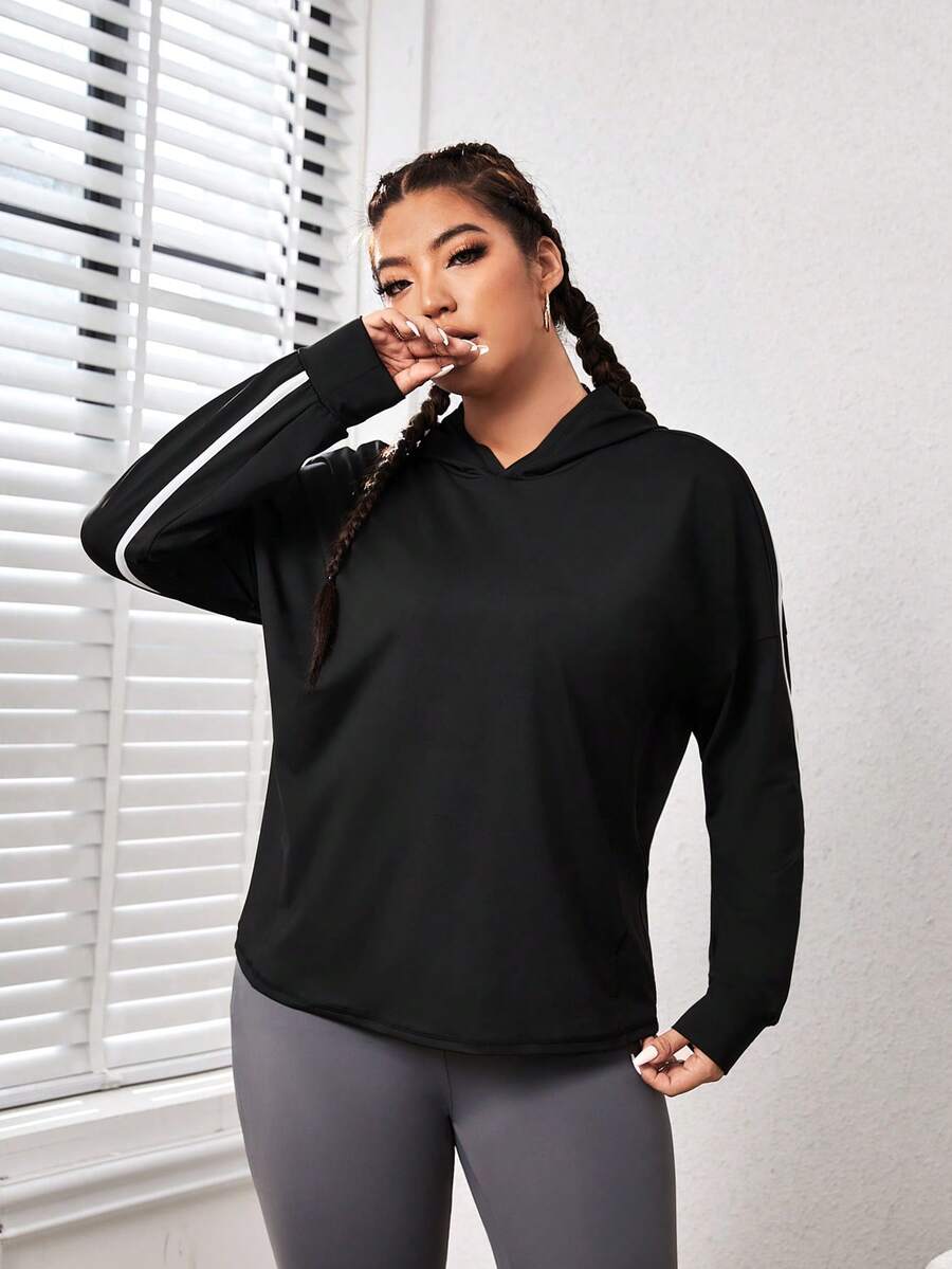 Easithlete Plus Contrast Tape Drop Shoulder Hooded Sports Sweatshirt - Black - View 1