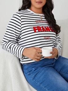 SHEIN Frenchy 大碼條紋印花字母刺繡T恤 - 彩色 - 查看 4