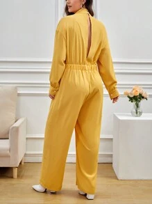 SHEIN Essnce Plus Mock Neck Drop Shoulder Jumpsuit - Yellow - View 3