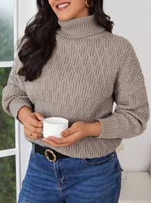 SHEIN Frenchy Hơn Áo cao cổ Thả vai Áo len - Màu Khaki - Xem 4