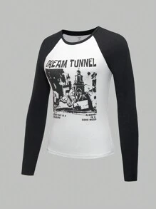 SHEIN Thiếu niên cô gái Hình ảnh con bướm và khẩu hiệu Tay Raglan Áo thun - Đen và trắng - Xem 3