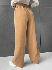 SHEIN EZwear Chất rắn Eo đàn hồi Vải to sợi Quần - Màu Khaki - Xem 3