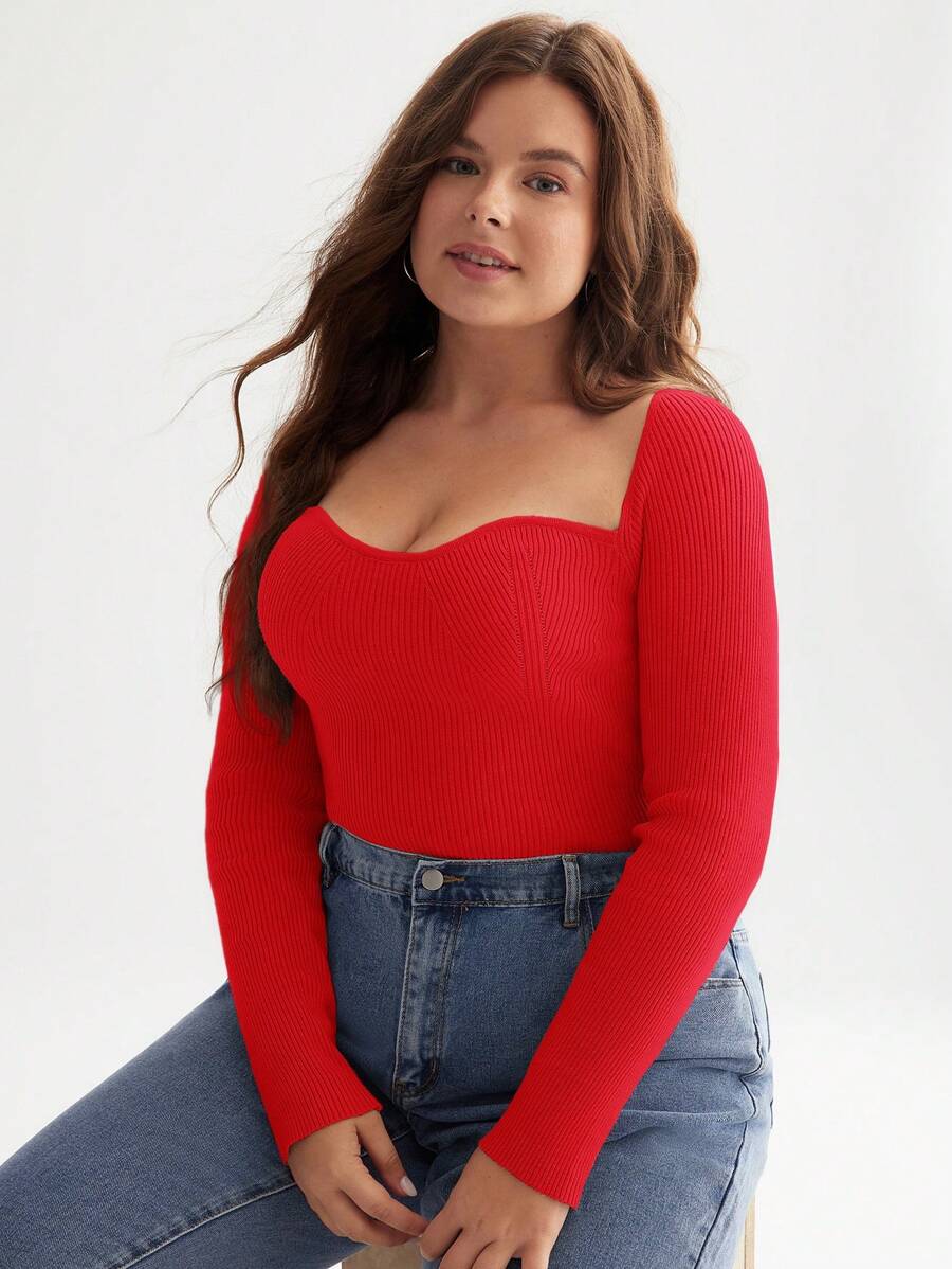 SHEIN BASICS 秋冬新款鸡心领罗纹针织毛衣 - 紅色 - 查看 1