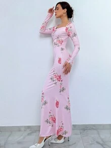Aloruh In hoa Cổ Trái tim Nàng tiên cá Hem Váy bodycon - Hồng - Xem 6