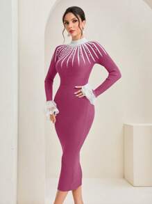 Modelyn Contrast Lace Flare Sleeve Mock Neck Bodycon Sweater Dress - Rose Red - View 1