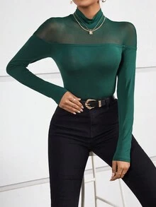 SHEIN Privé Contrast Mesh Mock Neck Tee - Dark Green - View 4