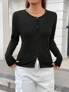 SHEIN Unity Chất rắn Nút phía trước Áo thun - màu đen - Xem 3