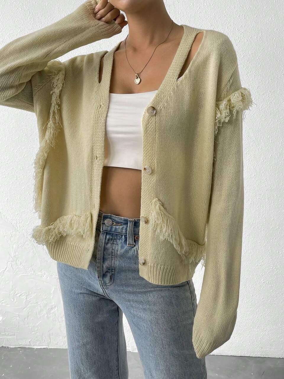 Fringe Trim Cut Out Front Drop Shoulder Cardigan Fall Cloth For Women
