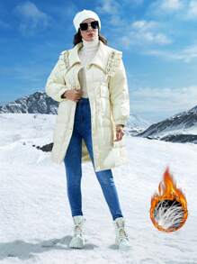 SHEIN LUNE Abrigo con cremallera con botón de cintura con cordón con capucha - Blanco - Ver 1