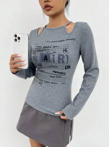 SHEIN EZwear Đồ họa Khẩu hiệu Cắt ra Áo thun - Xám - Xem 4