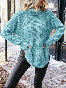 SHEIN LUNE Turtleneck Raglan Sleeve Curved Hem Sweater Knit Pullover Fall Winter Outfit - Multicolor - View 3