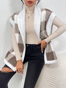 SHEIN Frenchy Plaid Teddy Fleece Vest Jacket With Turn-Down Collar Winter Casual Check - Multicolor - View 6