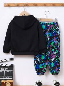 SHEIN 幼儿男童休闲舒适熊图案连帽衫和印花羊毛运动裤套装，加厚 - 彩色 - 查看 2