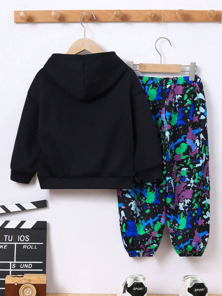 Toddler Boys Casual Comfortable Bear Pattern Hoodie & Printed Fleece Sweatpants Set, Thickened