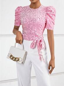 SHEIN Privé 泡泡袖側打結亮片裝飾襯衫 - 粉色 - 查看 4