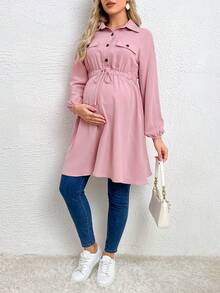 SHEIN Thai sản Thả vai Nút Eo đàn hồi Váy sơ mi - Hồng - Xem 4