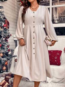 Calvaya Plus Lantern Sleeve Button Front Dress