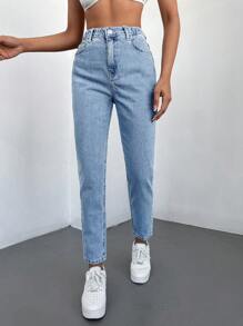 SHEIN Cottnline Straight Leg High Waisted Denim Pants - Light Wash - View 3