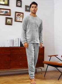 Men Solid Flannel PJ Set / Pajama Set - Light Grey - View 5