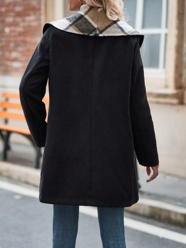 Plaid Print Shawl Collar Open Front Overcoat