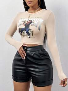 Slaydiva Figure & Slogan Graphic Crop Tee - Apricot - View 4