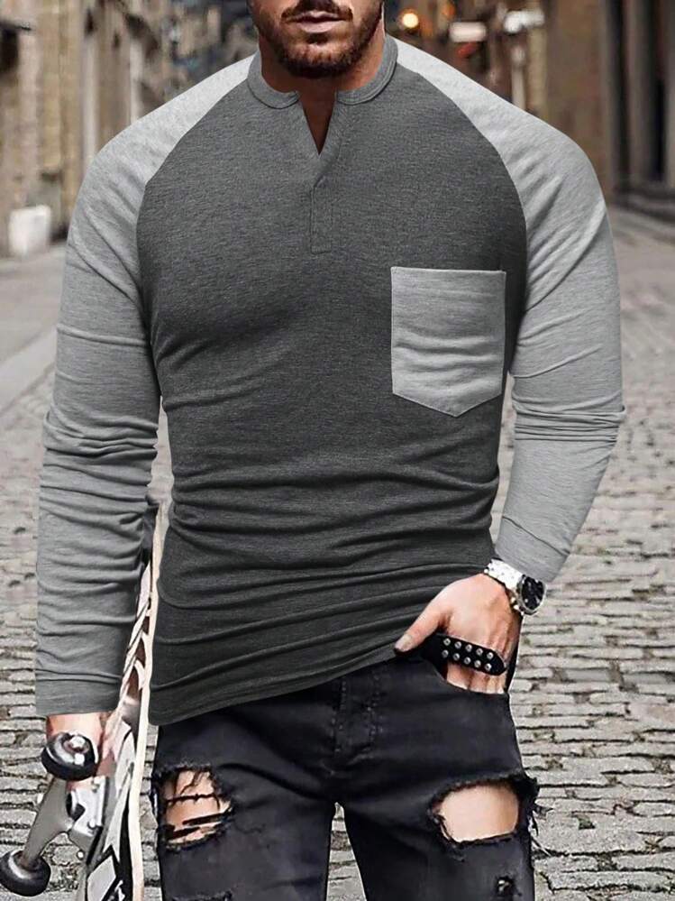 Manfinity Homme Hombres Camiseta de color combinado de manga raglán con parche de bolsillo - Gris Oscuro - Ver 3